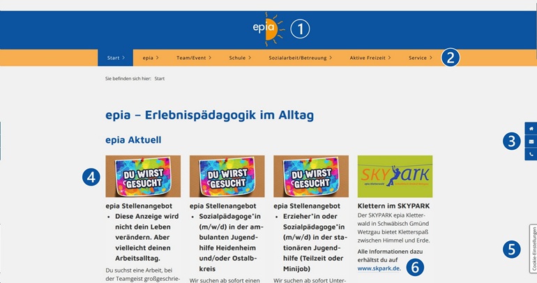 Erklärung zur Webseite von epia – Erlebnispädagogik im Alltag – Aufbau der Webseite oberer Teil