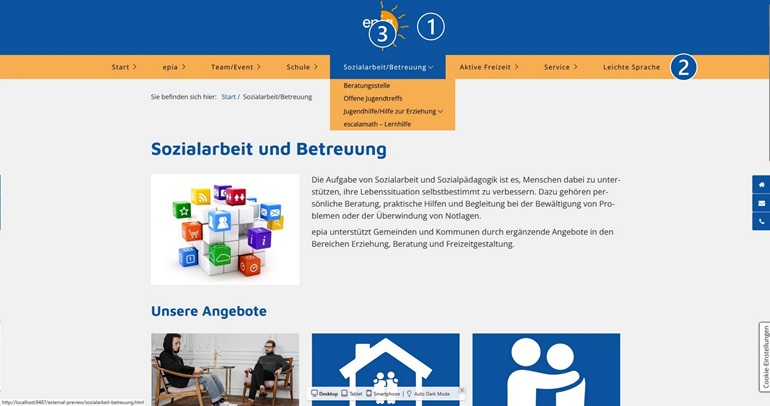 Erklärung zur Webseite von epia – Erlebnispädagogik im Alltag – Hinweise auf Inhalte der einzelnen Rubriken, hier Informationen über Sozialarbeit/Betreuung