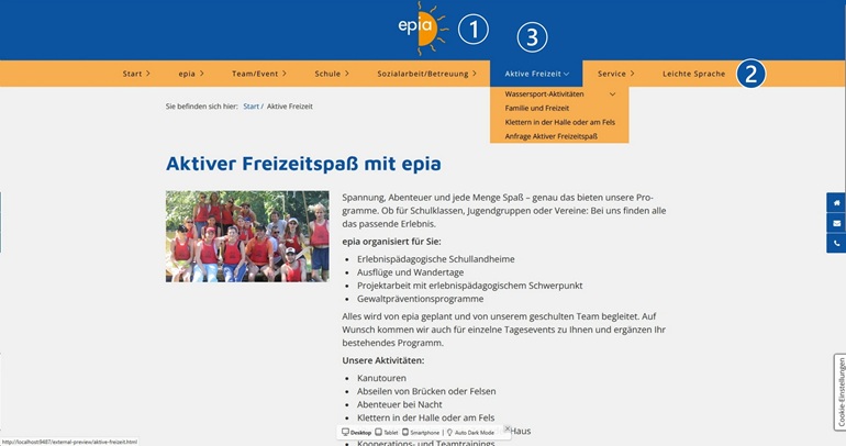 Erklärung zur Webseite von epia – Erlebnispädagogik im Alltag – Hinweise auf Inhalte der einzelnen Rubriken, hier Informationen über Aktive Freizeit