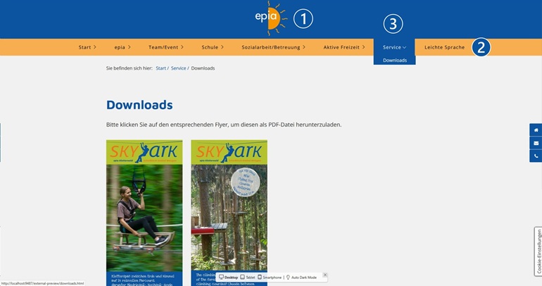 Erklärung zur Webseite von epia – Erlebnispädagogik im Alltag – Hinweise auf Inhalte der einzelnen Rubriken, hier Informationen über Service/Download